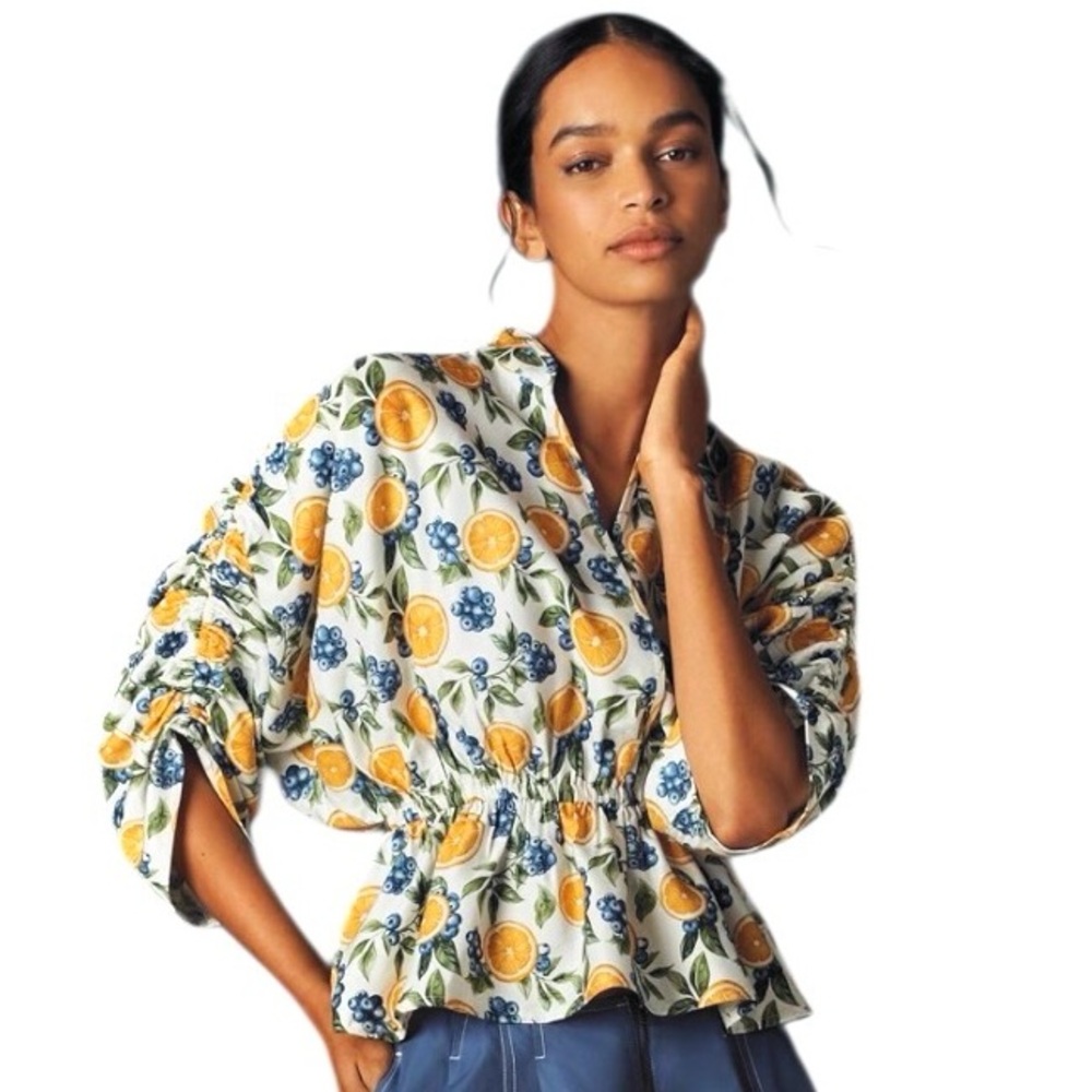 Anthropologie Maeve Lemon Blueberry Print Ruched Waist Peplum Blouse Size XL NWT
